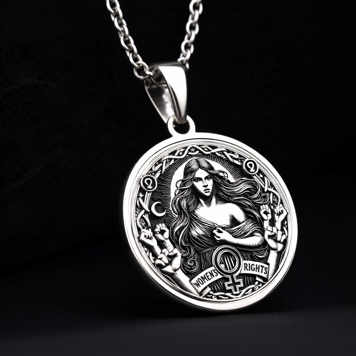 Intricately designed 925 Sterling Silver Women’s Rights medallion, featuring celestial details and a raised fist of strength. A perfect silver feminist necklace, representing equality and unity. - View 7