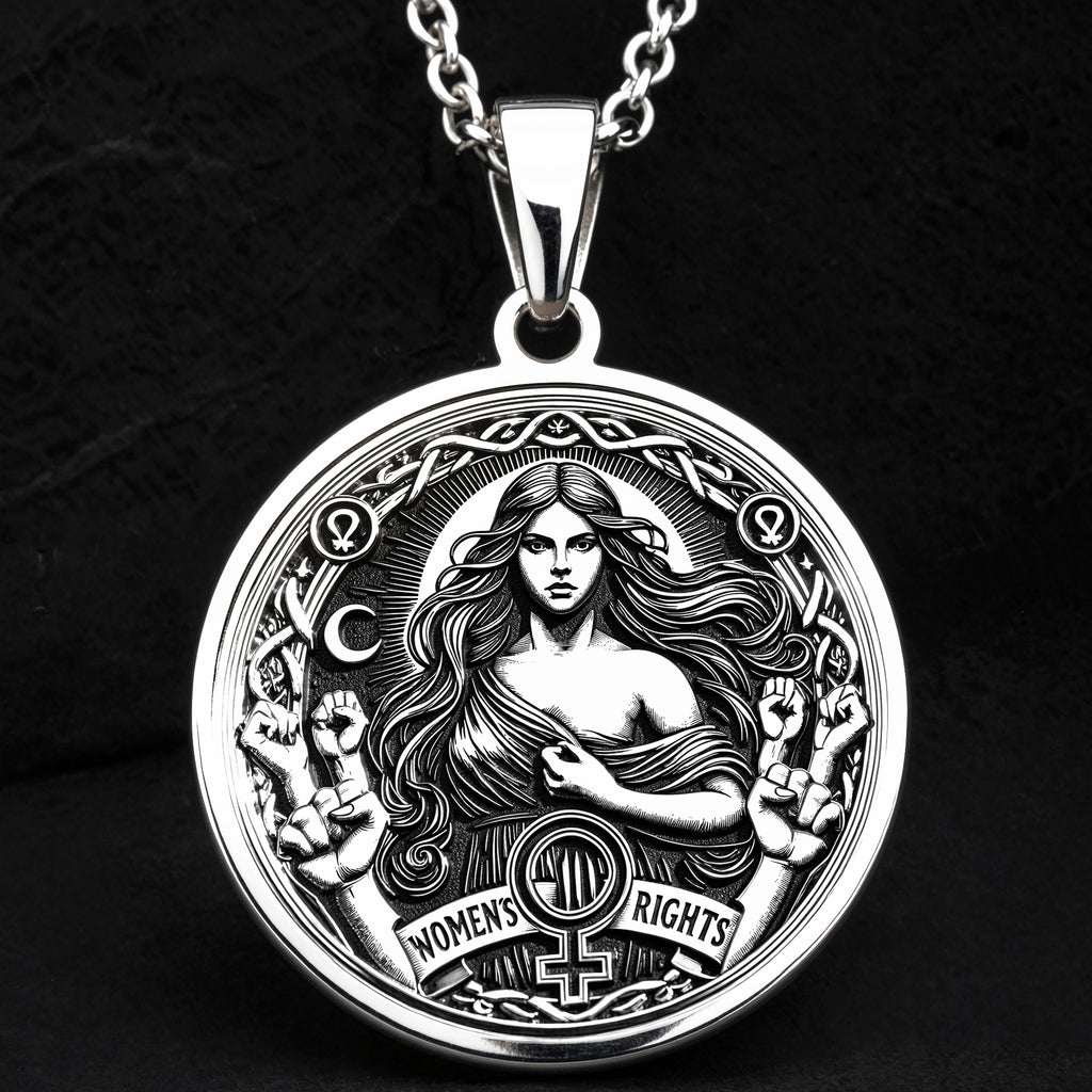 Intricately designed 925 Sterling Silver Women’s Rights medallion, featuring celestial details and a raised fist of strength. A perfect silver feminist necklace, representing equality and unity.
