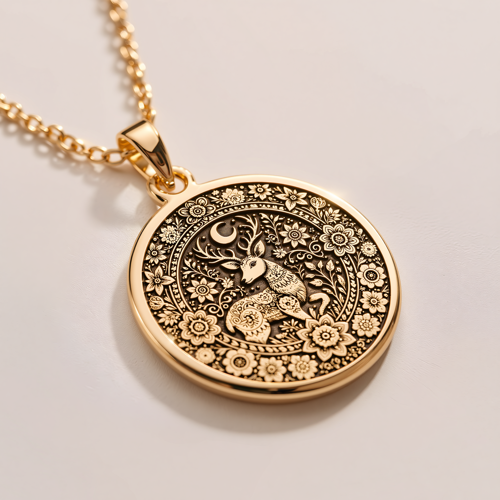 Woodland Deer Doe Nature Pendant - 14K Solid Gold, Left Angle View
