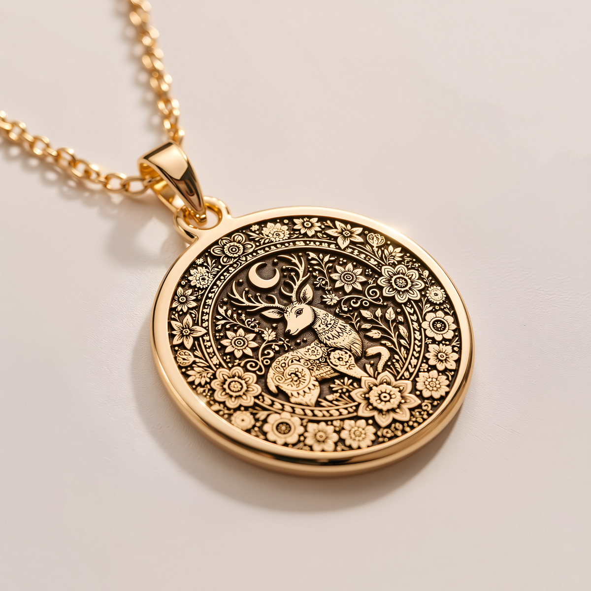 Woodland Deer Doe Nature Pendant - 14K Solid Gold, Left Angle View