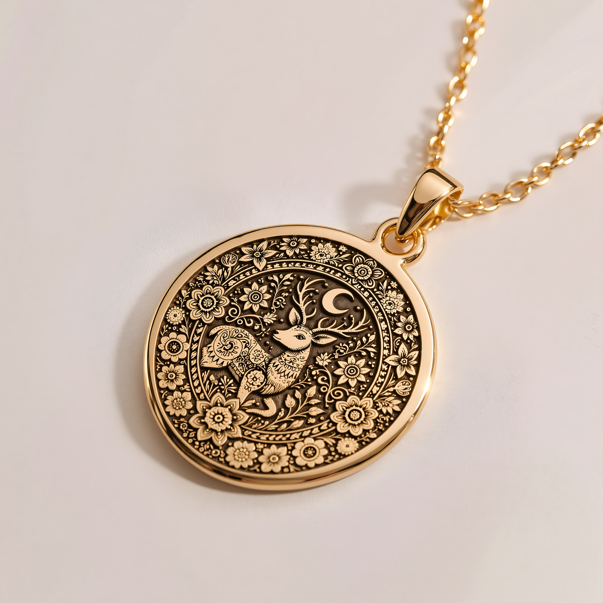 Woodland Deer Doe Nature Pendant - 14K Solid Gold, Right Angle View