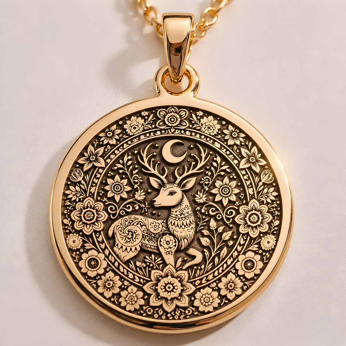 Front view of Woodland Deer Doe Nature Pendant in 14K solid gold, round engraved pendant with floral border.