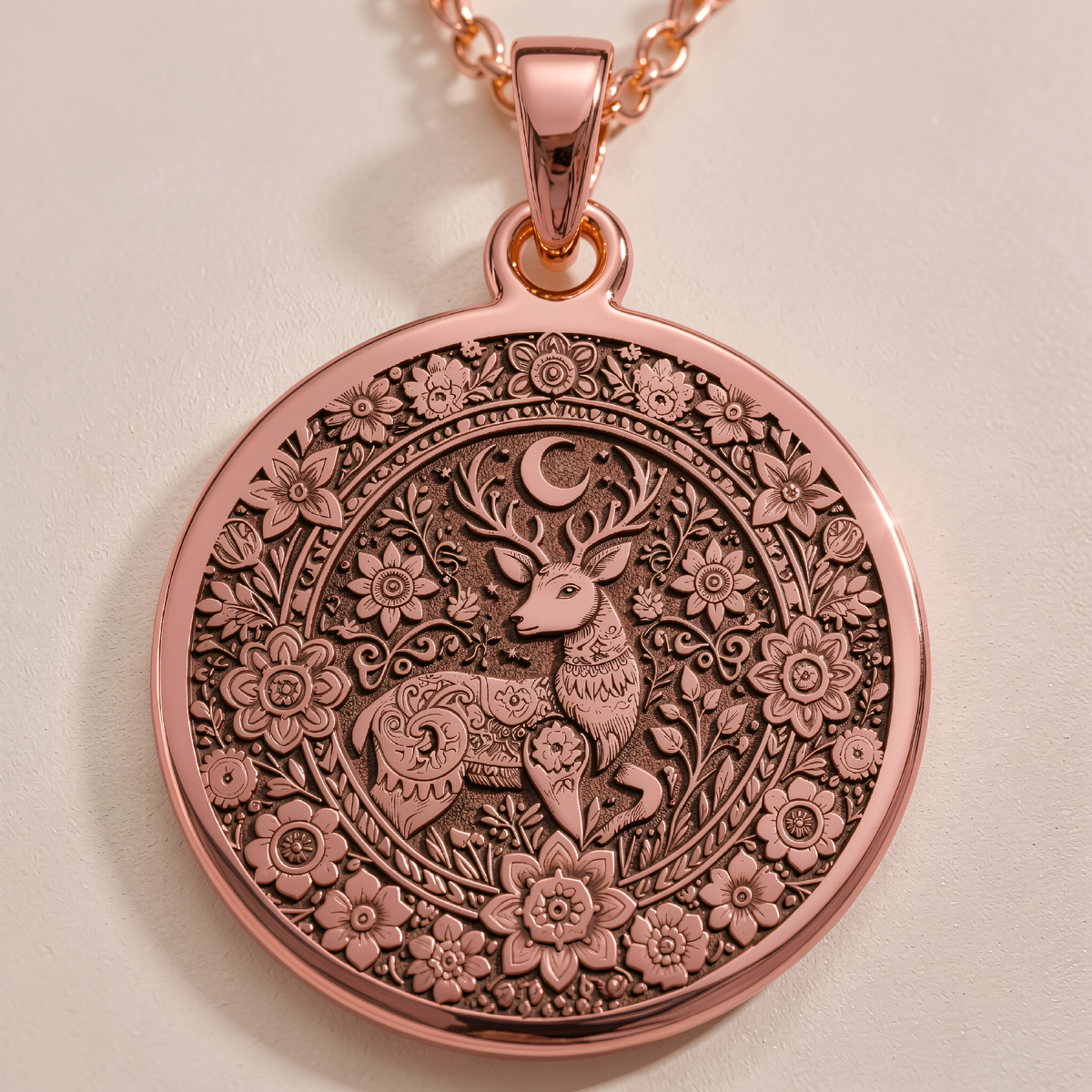 Woodland Deer Doe Nature Pendant in a polished rose gold finish.