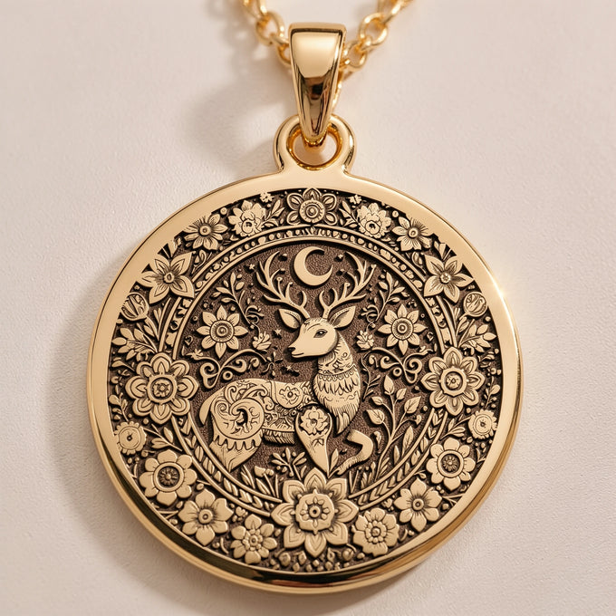 Gold plated pendant featuring a detailed woodland deer doe motif with intricate floral and leaf designs. The pendant has an antique finish and is set within a circular frame. A delicate gold chain is visible attached to the bail.