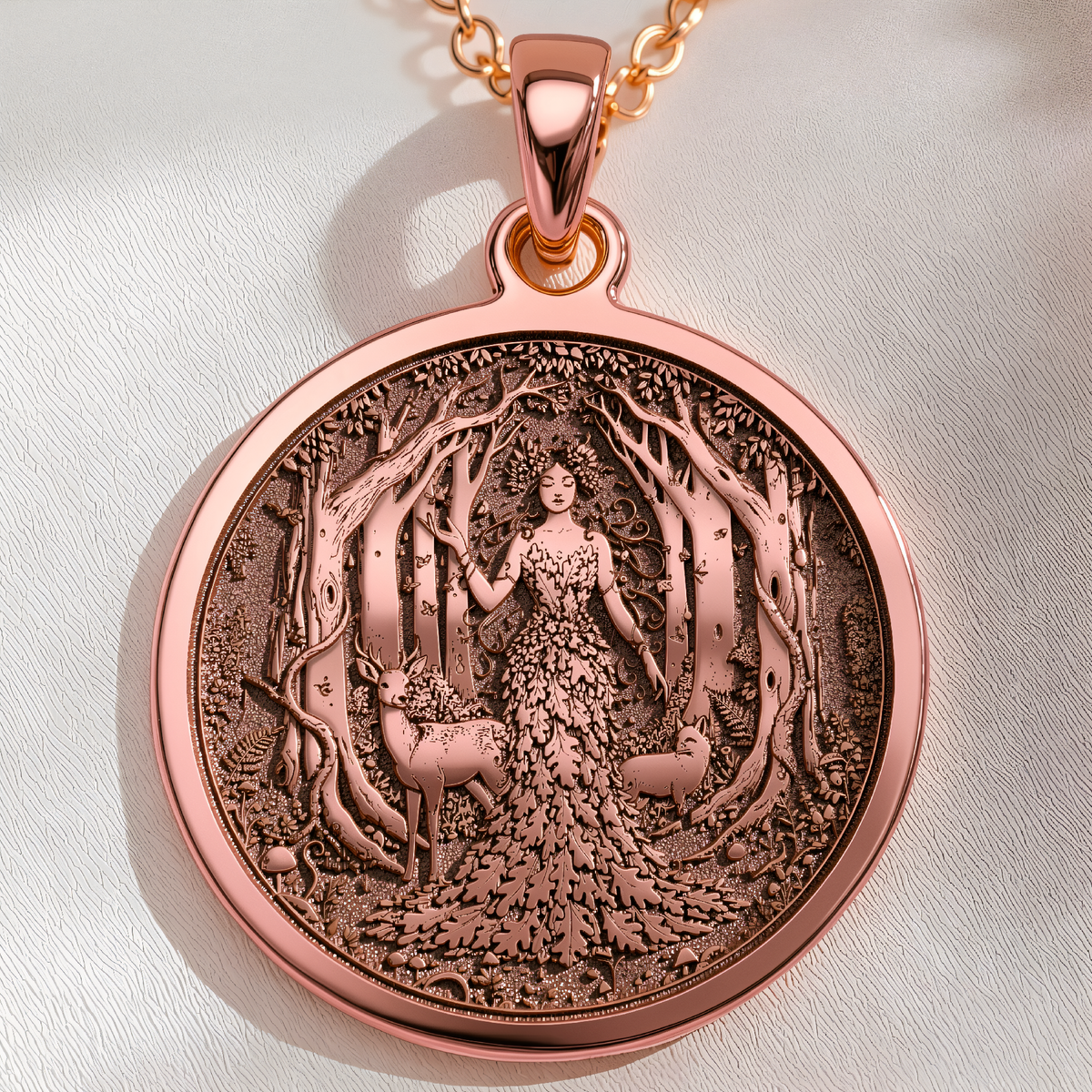 Woodland Nymph Coin Fairy Necklace in a polished rose gold finish.