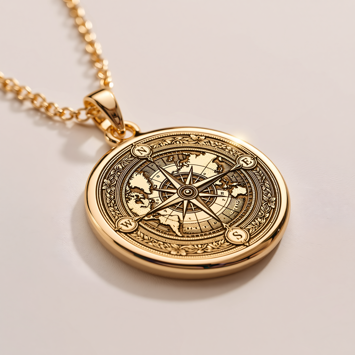 World Map Compass Navigation Charm - 14K Solid Gold, Left Angle View