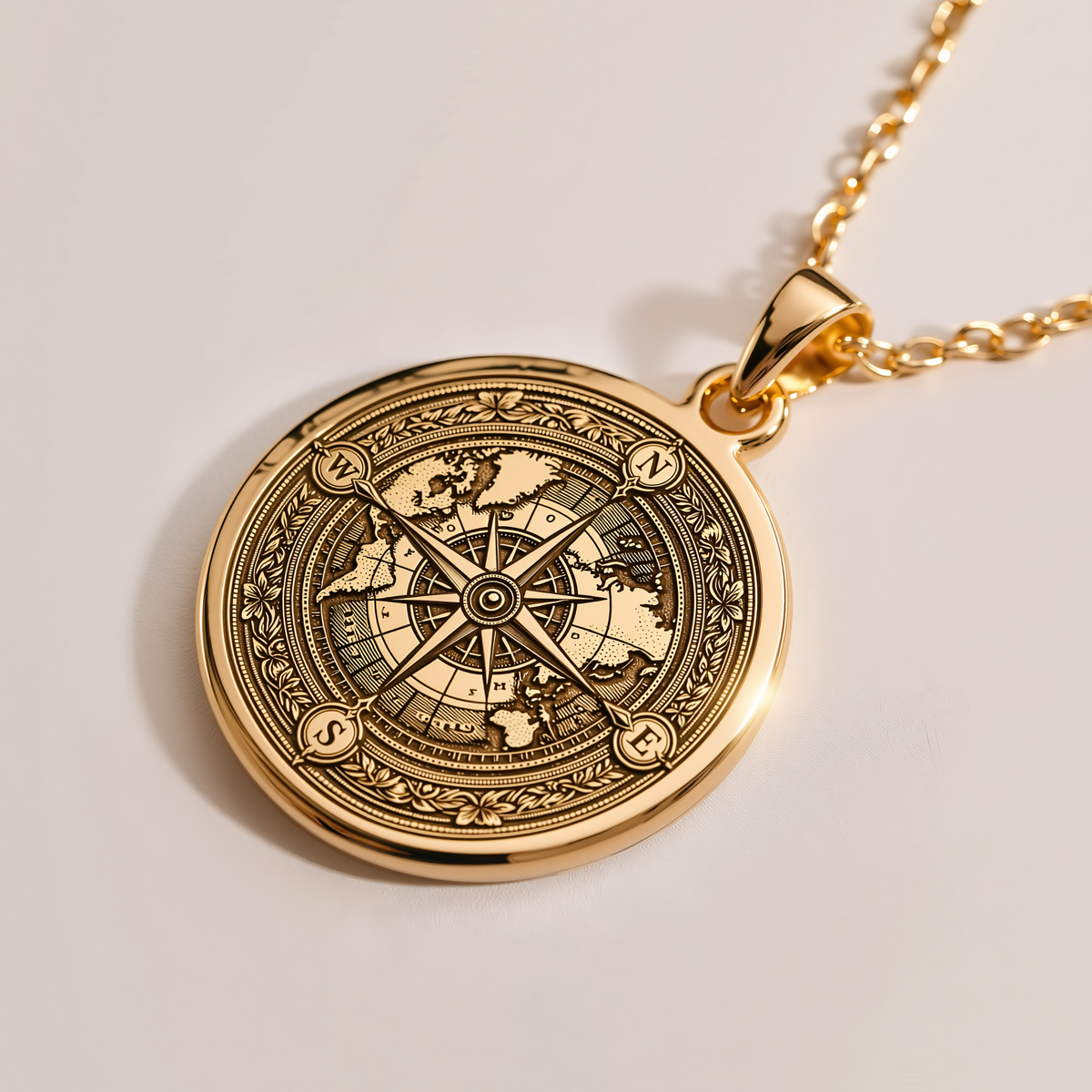 World Map Compass Navigation Charm - 14K Solid Gold, Right Angle View