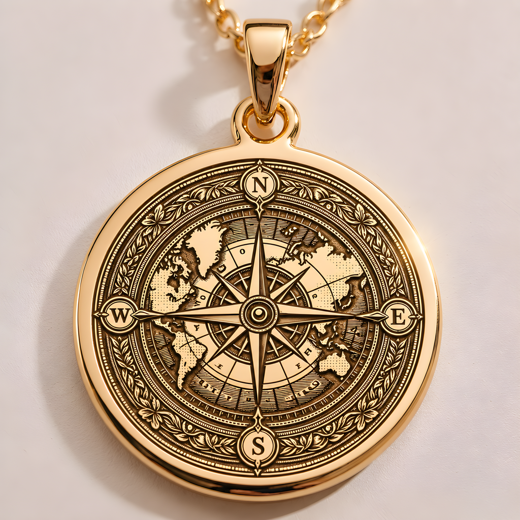 World Map Compass Travel Necklace in a gold finish, shown from the front with detailed engraving on the pendant.