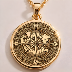 World Map Compass Travel Necklace in a gold finish, shown from the front with detailed engraving on the pendant.