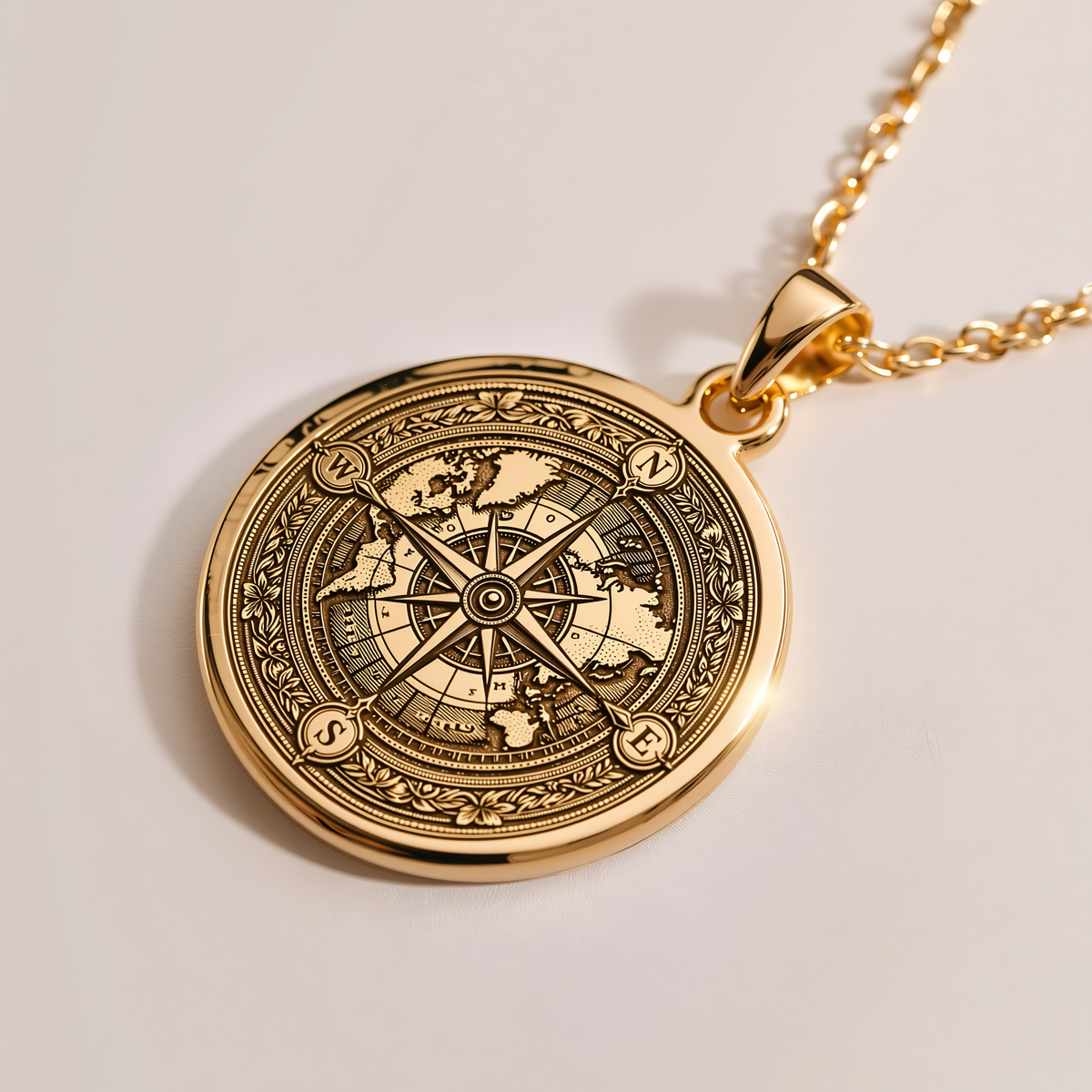 World Map Compass Travel Necklace - 14K Solid Gold, Right Angle View