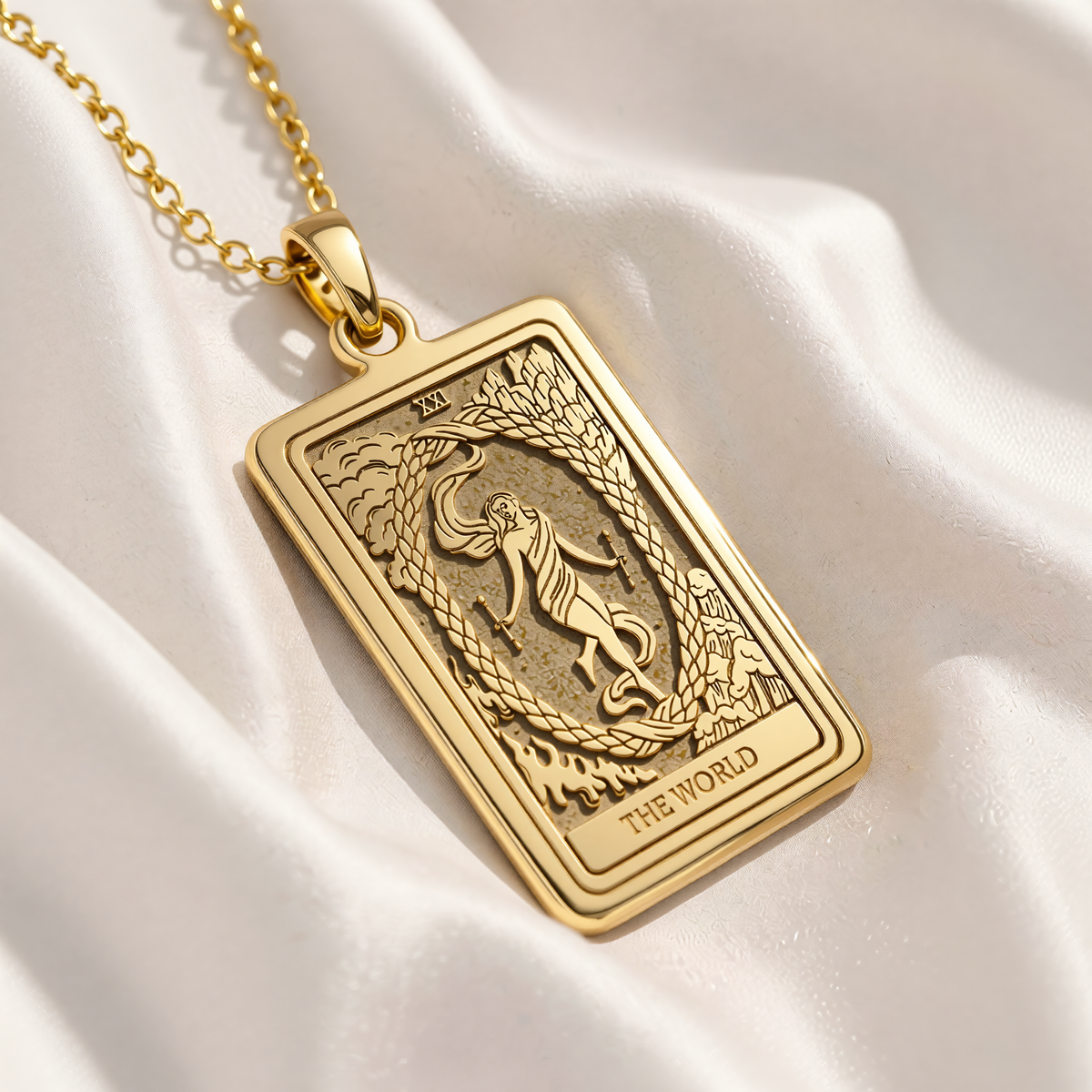 World Tarot Necklace | Silver, Gold Plated & Rose Plated Options - Completion Jewelry - 14K Gold Plated Angle 1 Perspective View