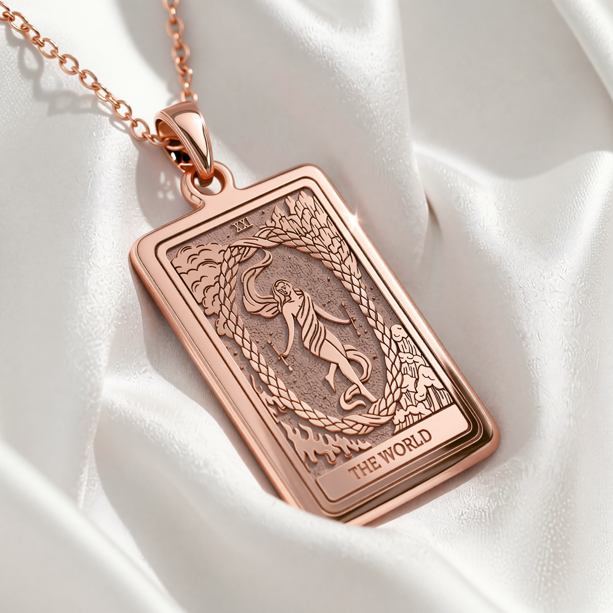 World Tarot Necklace | Silver, Gold Plated & Rose Plated Options - Completion Jewelry - 14K Rose Gold Plated Angle 1 Perspective View