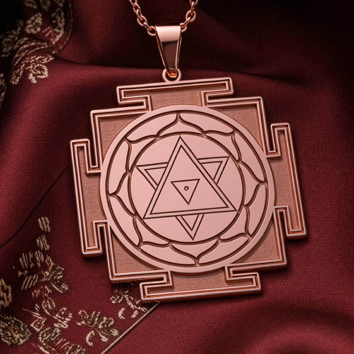 Yantra Sacred Geometry Amulet Necklace in a polished rose gold finish.