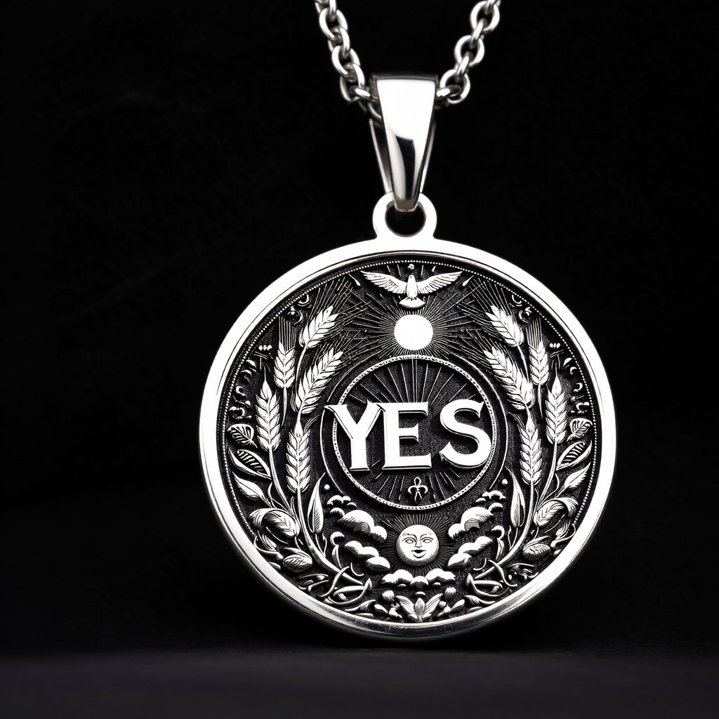 925 Sterling Silver YES Medallion showcasing powerful affirmation with abundance symbols. Detailed positive coin pendant with wheat laurels, sun, moon and bird motifs. Premium empowerment jewelry symbolizing decisiveness and forward momentum. - View