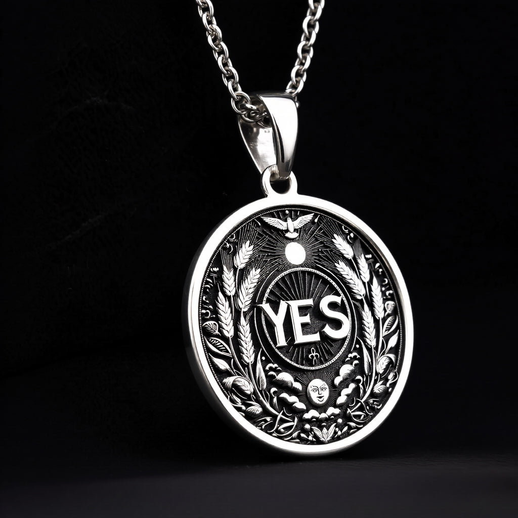 925 Sterling Silver YES Medallion showcasing powerful affirmation with abundance symbols. Detailed positive coin pendant with wheat laurels, sun, moon and bird motifs. Premium empowerment jewelry symbolizing decisiveness and forward momentum. - View