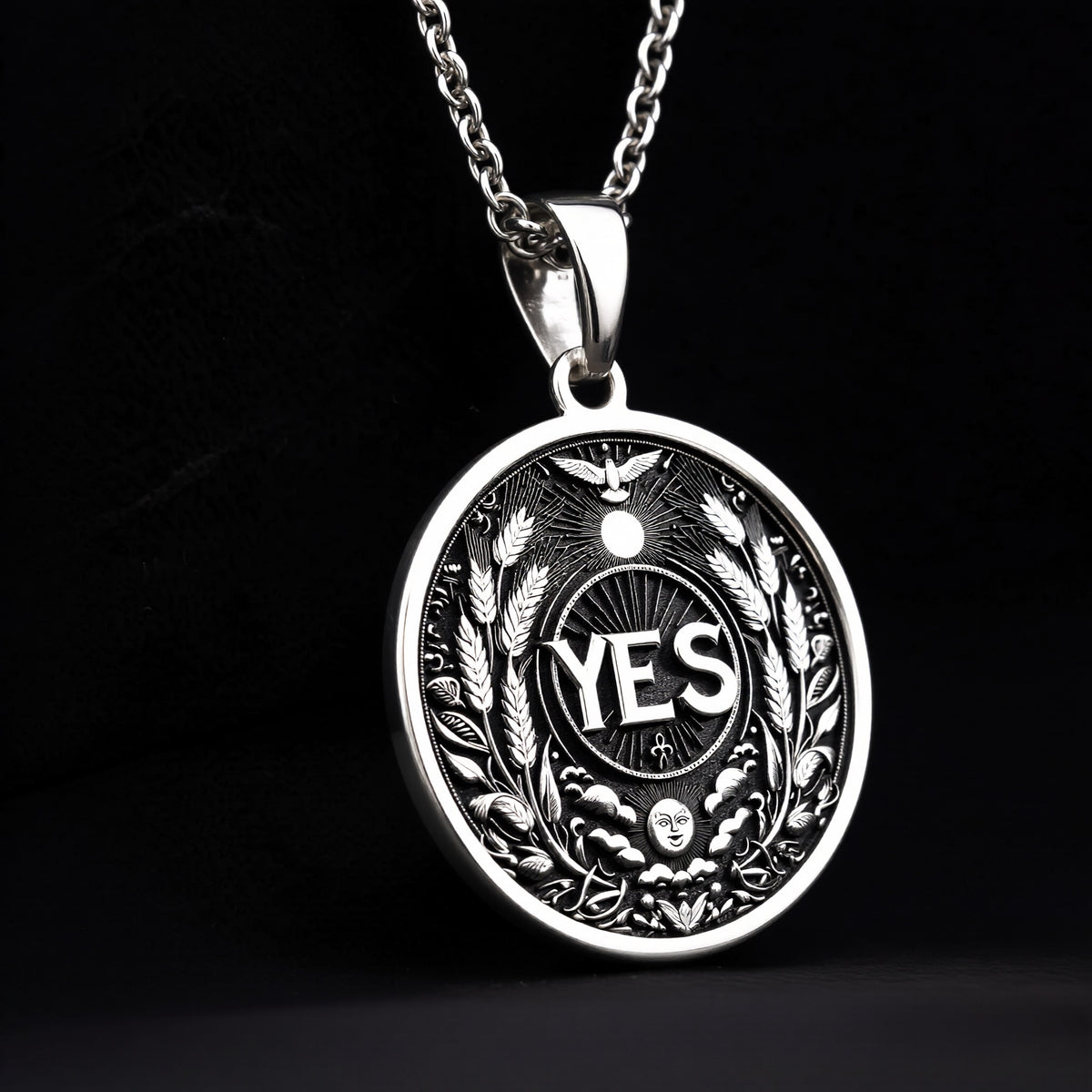 925 Sterling Silver YES Medallion showcasing powerful affirmation with abundance symbols. Detailed positive coin pendant with wheat laurels, sun, moon and bird motifs. Premium empowerment jewelry symbolizing decisiveness and forward momentum. - View