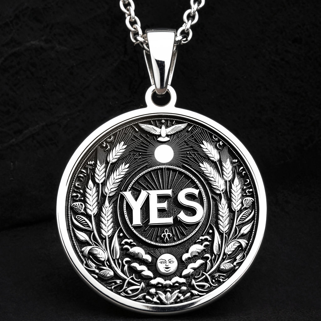 925 Sterling Silver YES Medallion showcasing powerful affirmation with abundance symbols. Detailed positive coin pendant with wheat laurels, sun, moon and bird motifs. Premium empowerment jewelry symbolizing decisiveness and forward momentum.