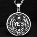 925 Sterling Silver YES Medallion showcasing powerful affirmation with abundance symbols. Detailed positive coin pendant with wheat laurels, sun, moon and bird motifs. Premium empowerment jewelry symbolizing decisiveness and forward momentum.