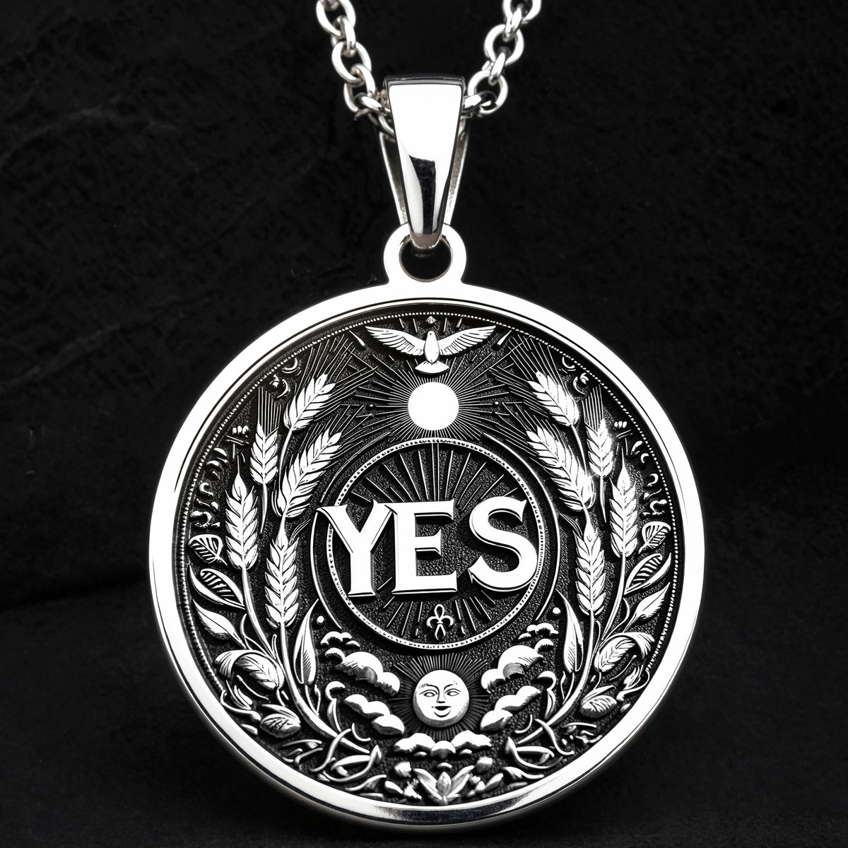 925 Sterling Silver YES Medallion showcasing powerful affirmation with abundance symbols. Detailed positive coin pendant with wheat laurels, sun, moon and bird motifs. Premium empowerment jewelry symbolizing decisiveness and forward momentum.