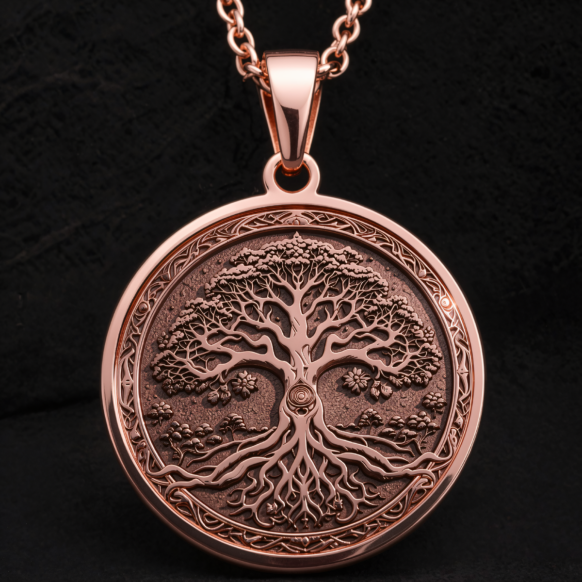 Yggdrasil Tree of Life Pendant in a polished rose gold finish.