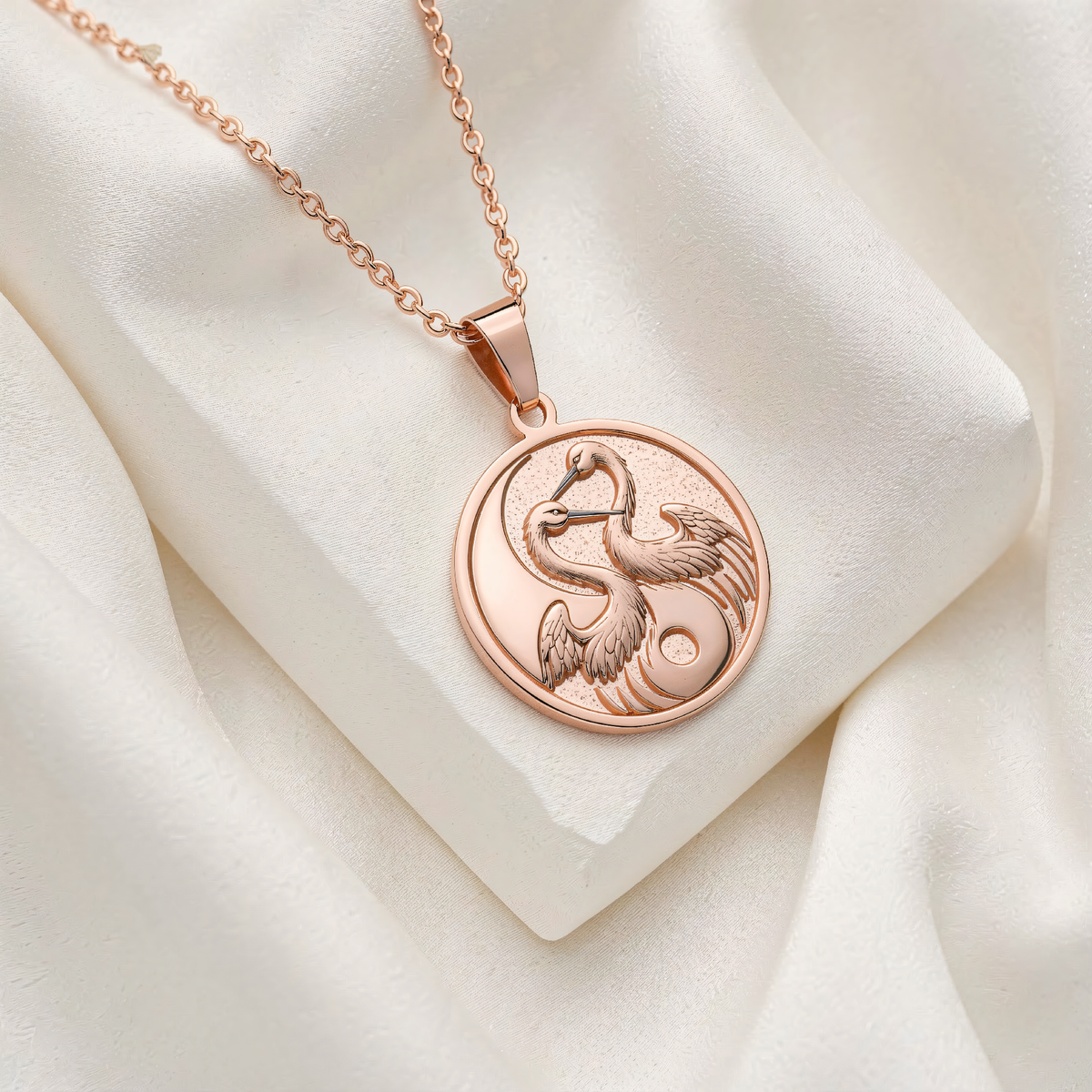 Yin Yang Crane Talisman Necklace | Silver & Plated Options - Feng Shui Protection Gift - 14K Rose Gold Plated Front View