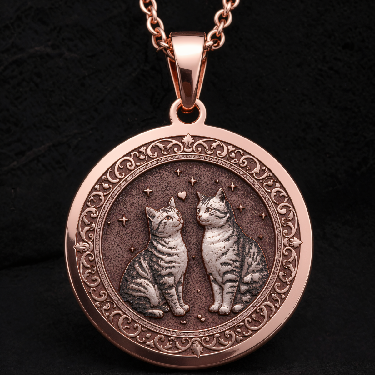 Yin Yang Twin Feline Pendant in a polished rose gold finish.