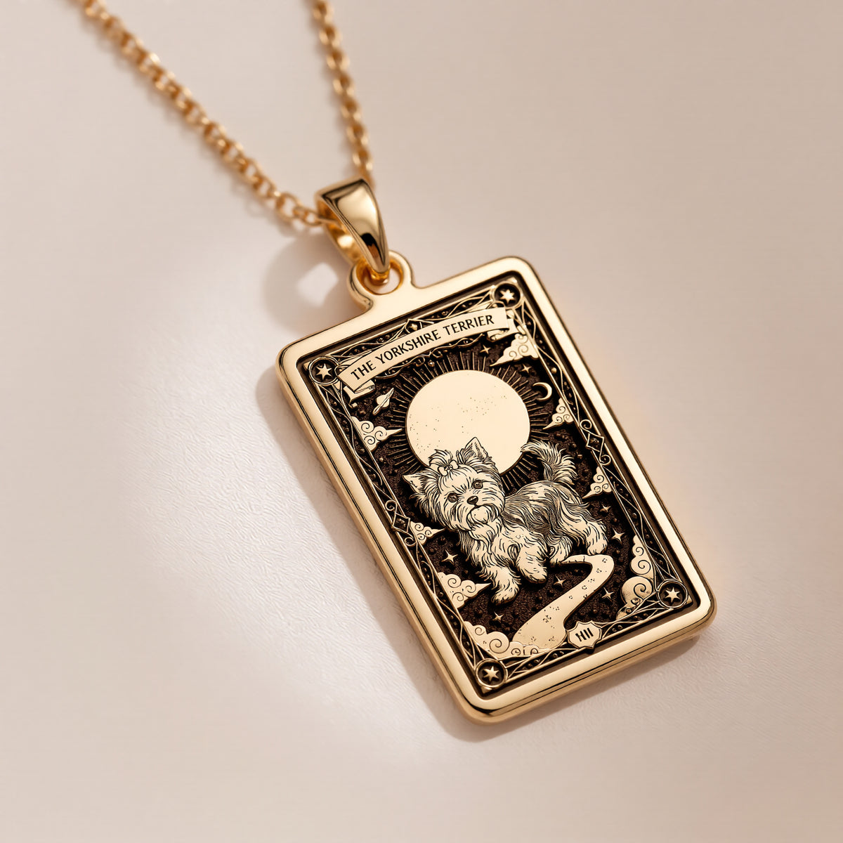 A polished 14K solid gold Yorkshire Terrier medallion. This fine pet jewelry represents the breed's confident nature, making it a perfect Yorkie lover gift.
