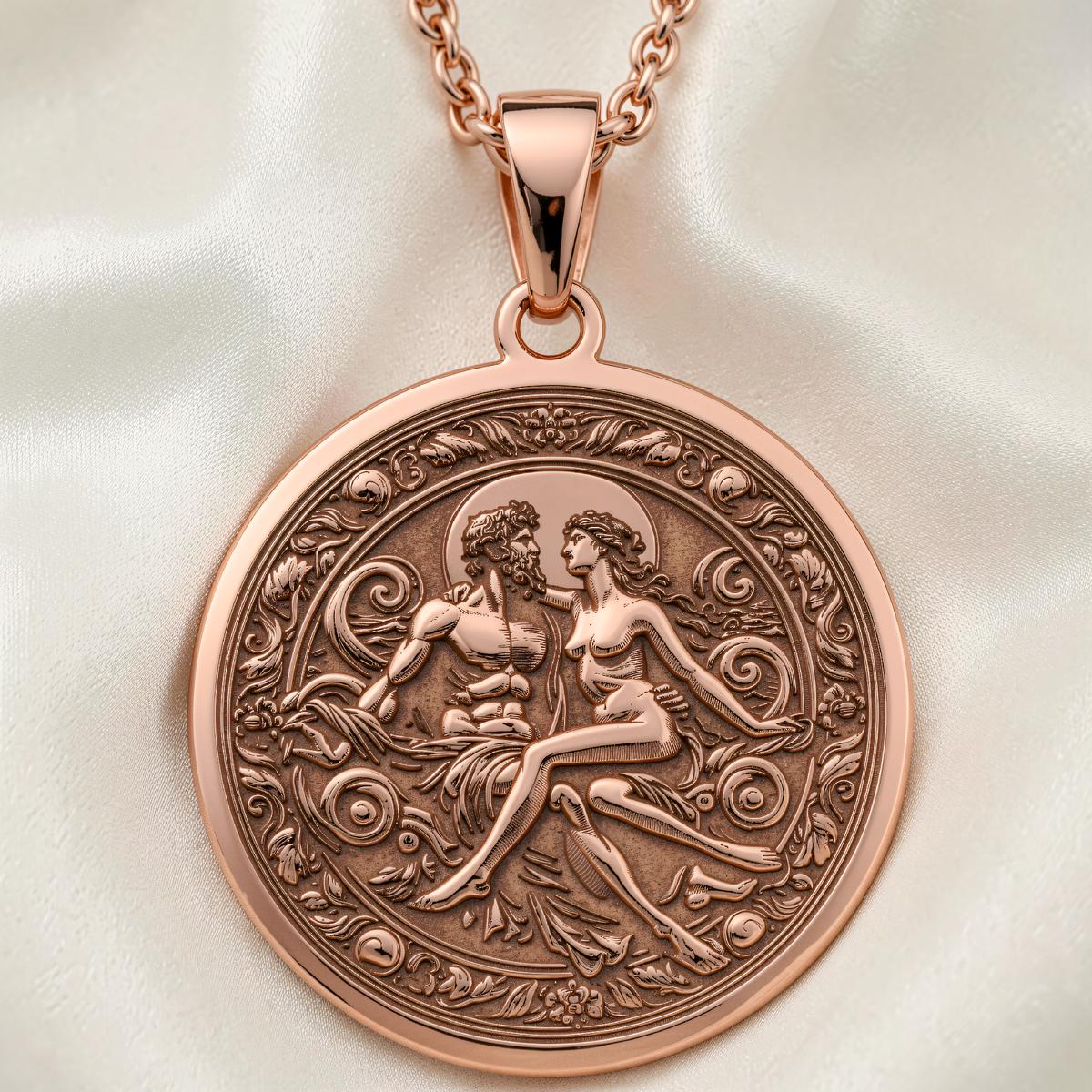 Zeus & Hera Greek Mythology Necklace | Silver & Plated Options - Greek Mythology Art Jewelry - 14K Rose Gold Plated Front View