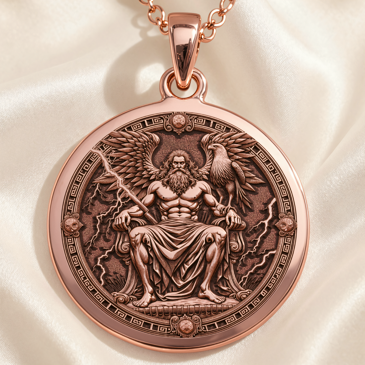 Zeus Greek God Medallion Necklace in a polished rose gold finish.