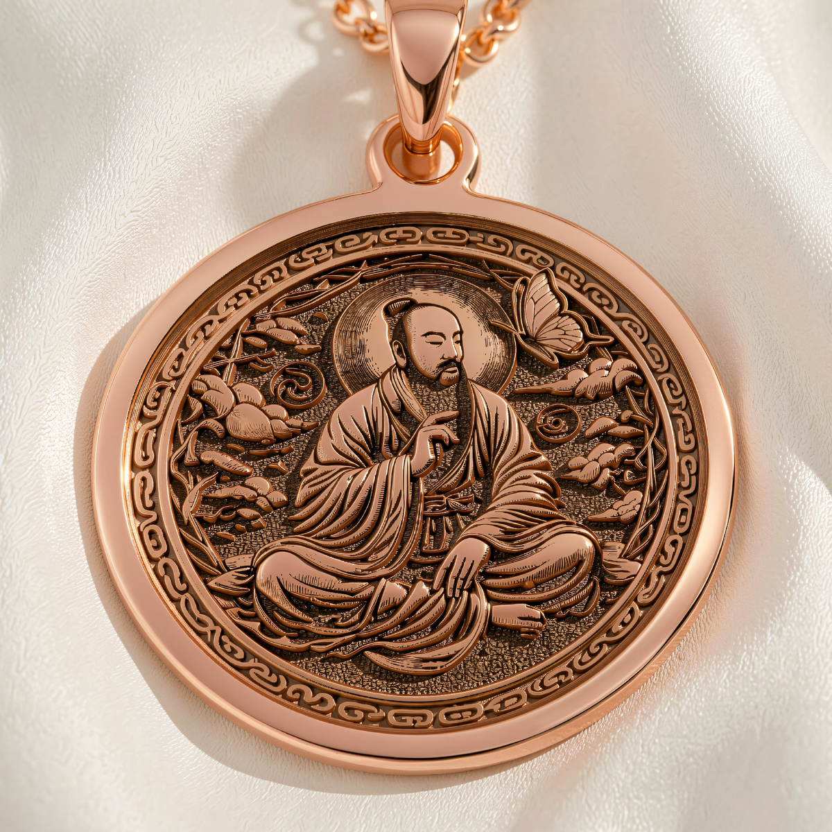 Zhuangzi Butterfly Celestial Pendant | Silver & Plated Options - Taoist Mythology Spiritual Protection - 14K Rose Gold Plated Front View