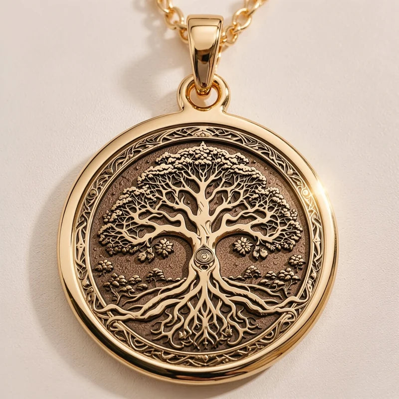 Close detail of the gold Tree of Life pendant